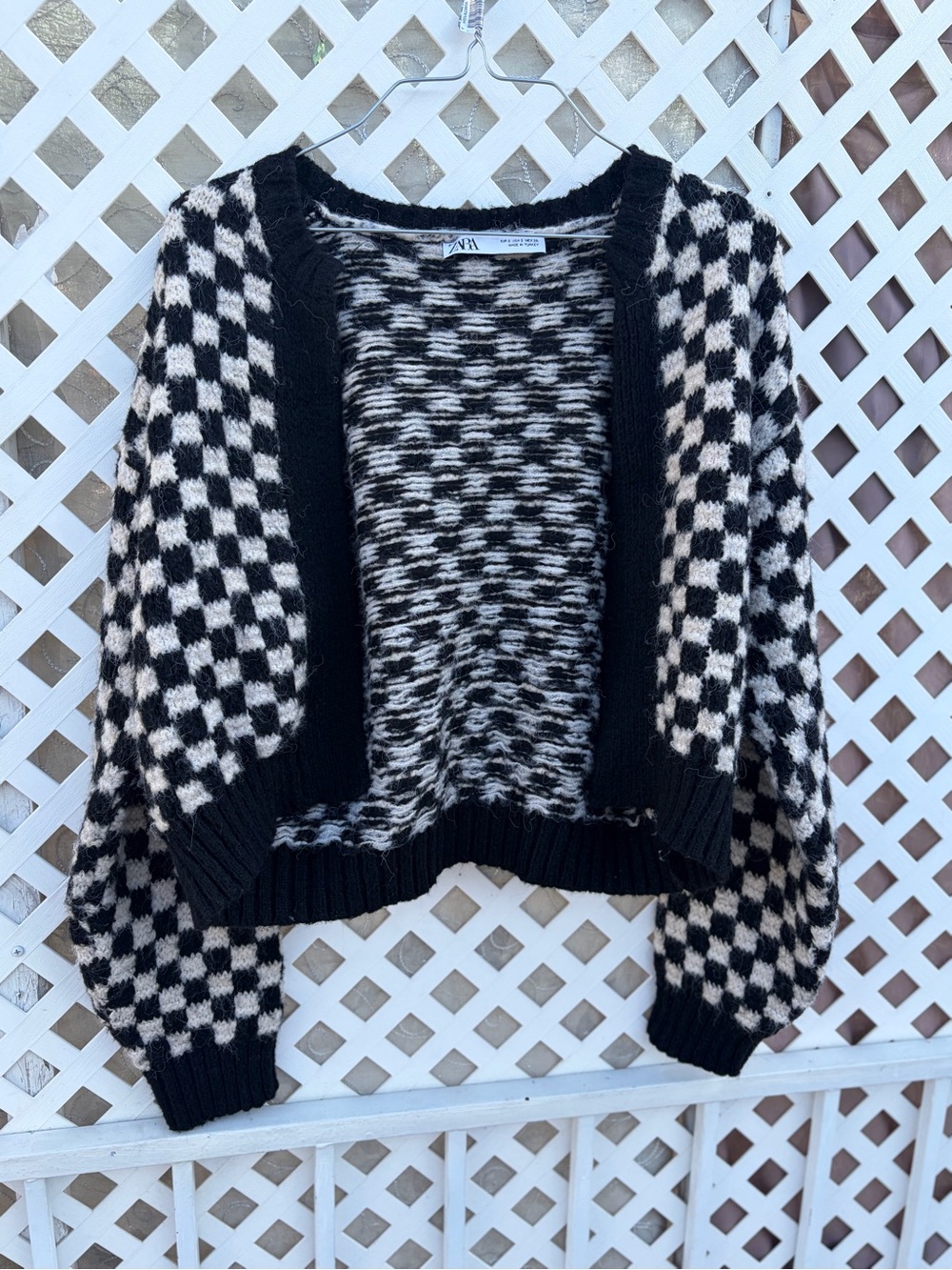 Zara Black and White Checkered Open Front Cardigan